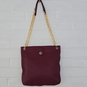 Tory Burch Burgundy Pebbled Shoulder/Crossbody  Bag Gold Chain Logo Medium